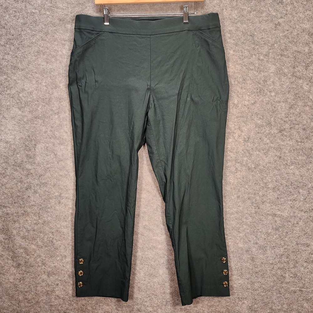 Roz & Ali Hunter Green Pull-On Pants Women 16 Buttons Capri Faux Pockets‎ Office